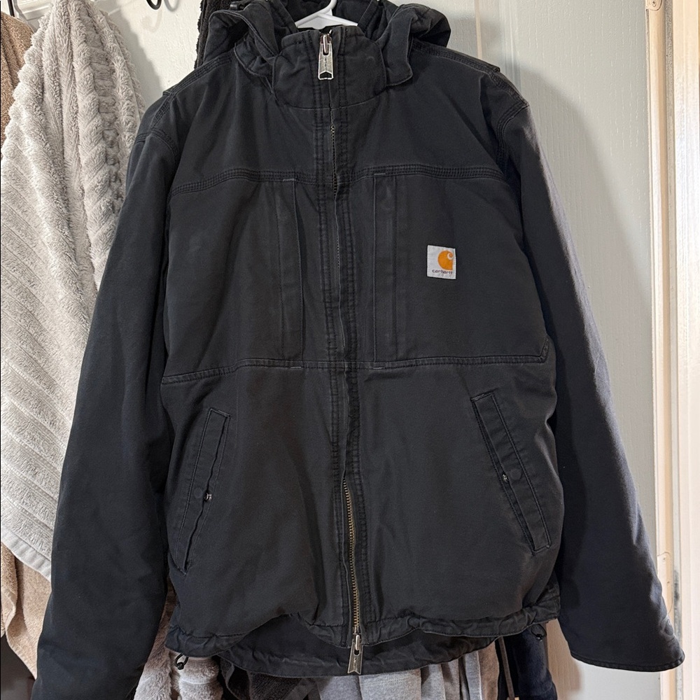Carhartt Black Hooded Work Jacket with Logo Patch